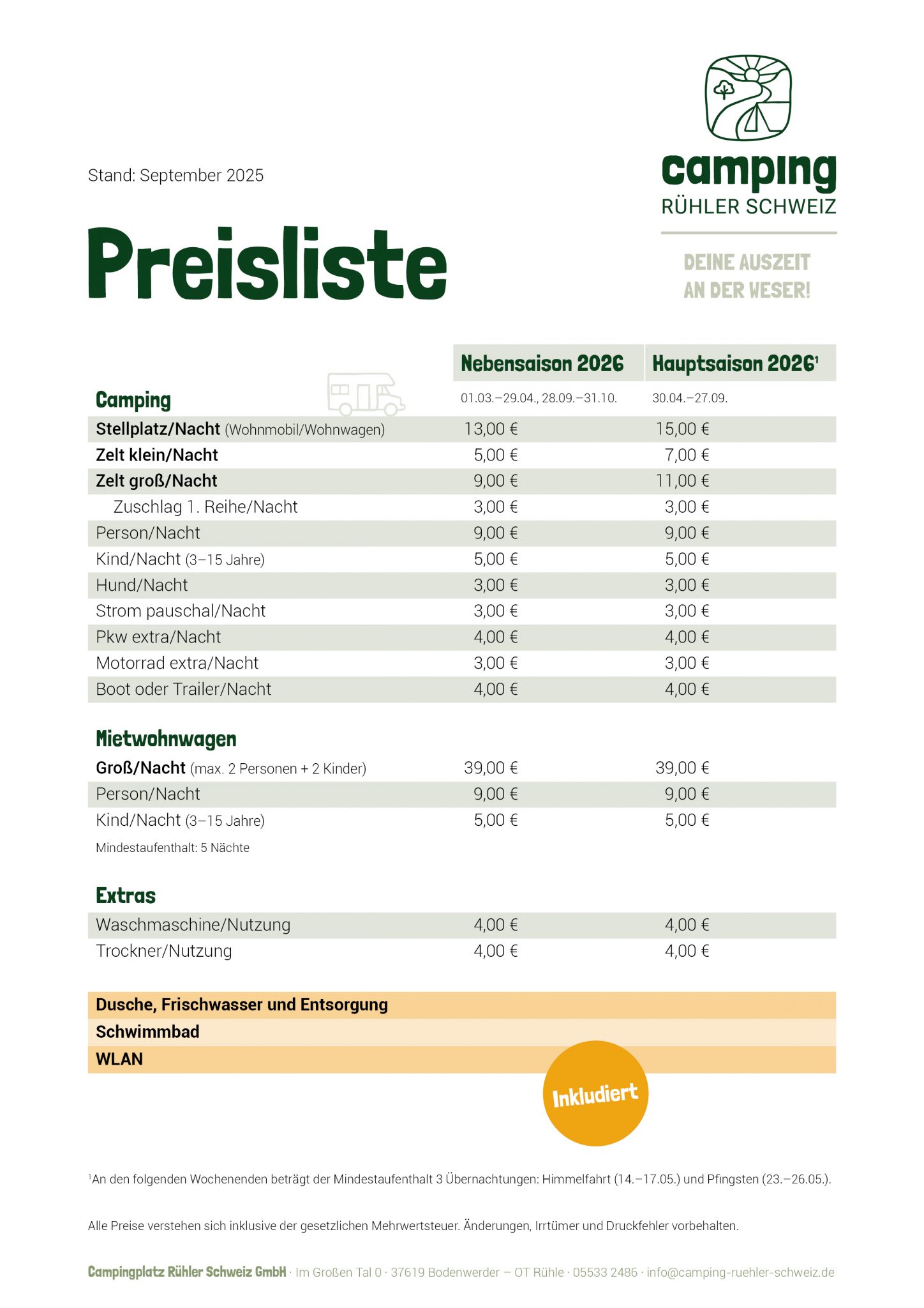 Camping Rühler Schweiz Preisliste 2026 Camping