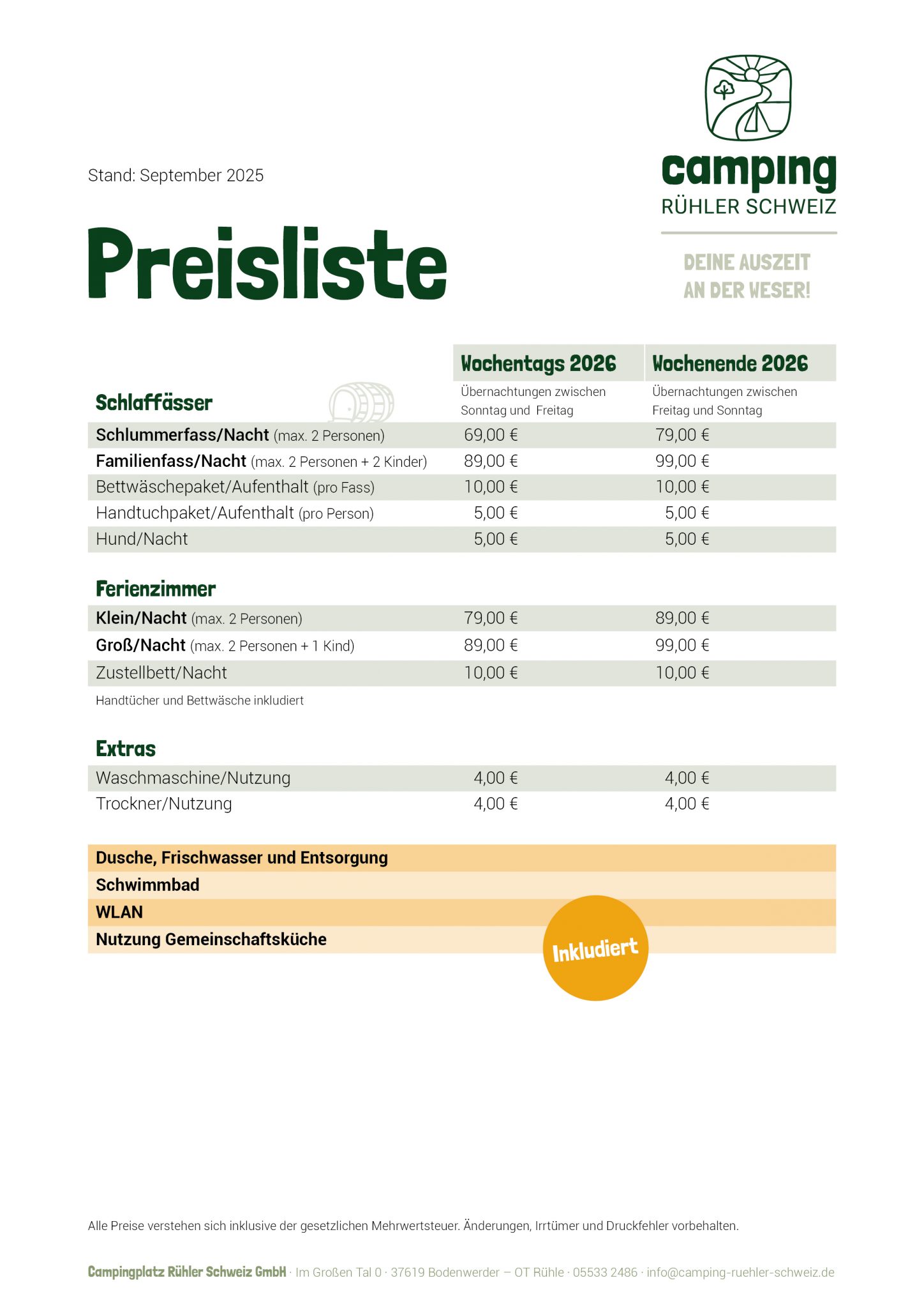Camping Rühler Schweiz Preisliste 2026 Schlaffässer & Ferienzimmer
